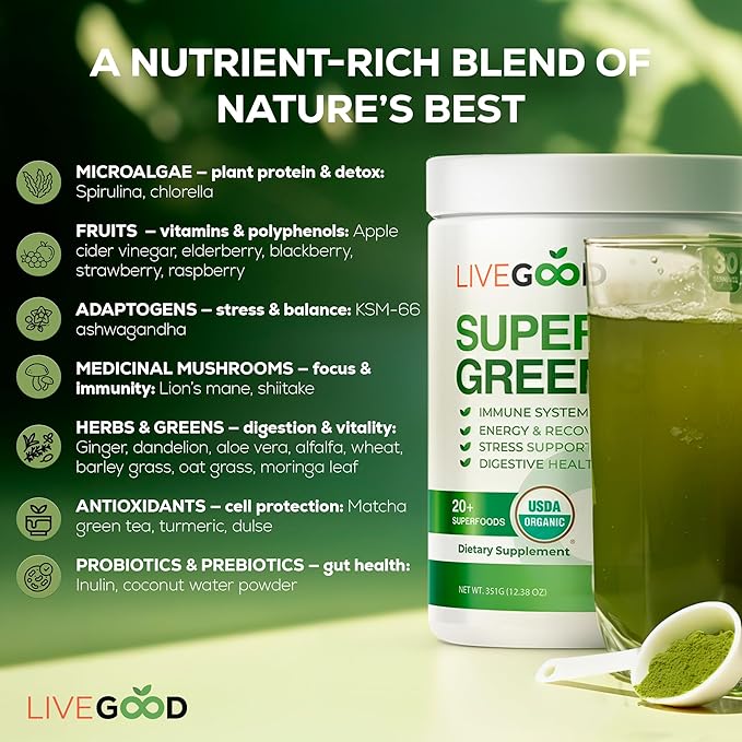 LiveGood Super Greens Powder Organic Superfood with Wheat Grass Powder, Daily Superfood Powder for Immune Support, Energy and Detox, Green Juice Powder Supplement (30 Servings), 12.38 Oz