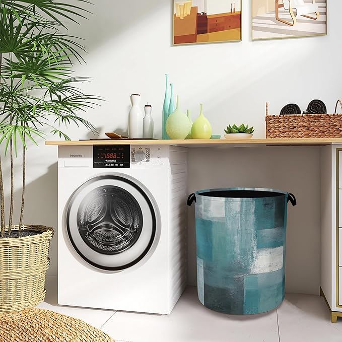 Blue Gray Modern Laundry Basket,Art Foldable with Handles Tote Bag Oxford Cloth for Bathroom Bedroom Dirty Clothes Storage Bucket 16" x 20.8"