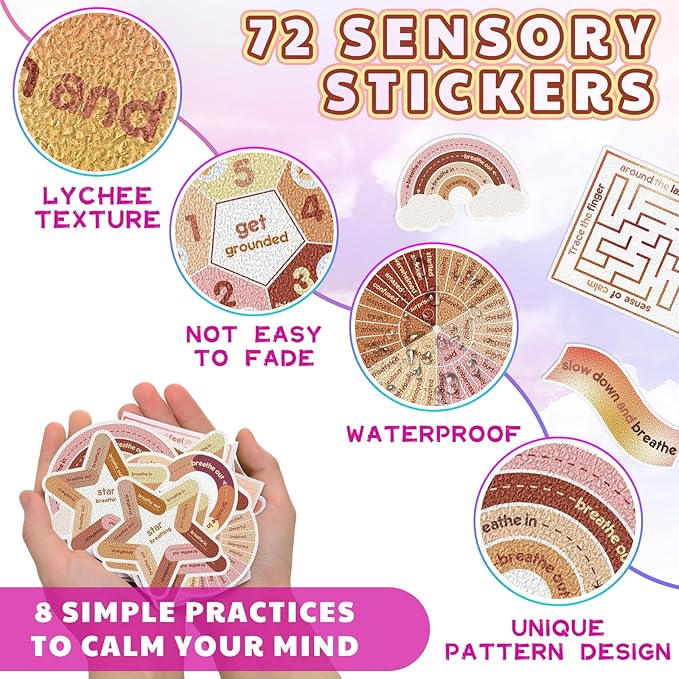 Libima 72 Pieces Anxiety Sensory Stickers Textured Stickers Fidget Mindfulness Sticker School Counselor Supplies Adult Sensory Items Anxiety Relief, 9 Styles(Boho Color)