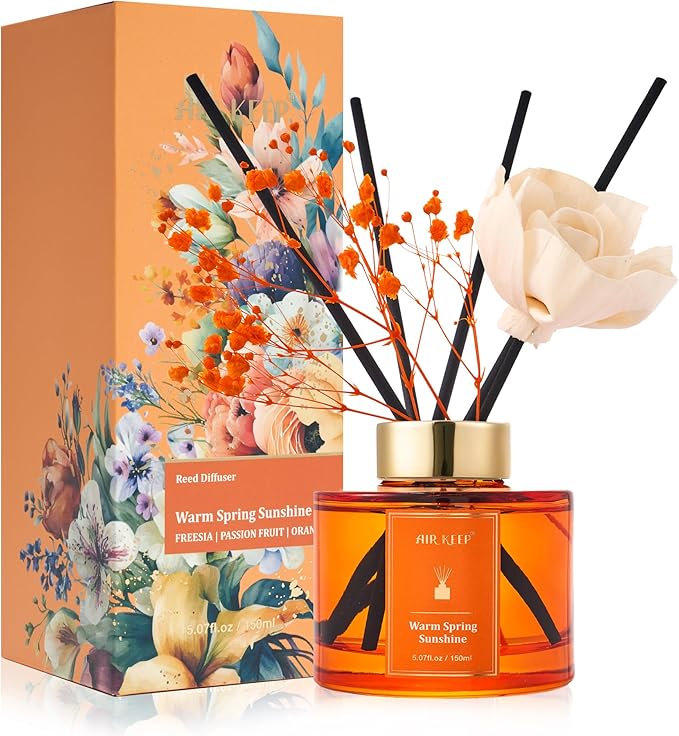 Airkeep Flower Reed Diffusers Set, 5.07 oz Freesia/Passion Fruit/Orange Scented Oil Diffuser with 8 Reed Sticks, Home Fragrance Diffuser Gift Set for Bathroom & Office Decor 150ml