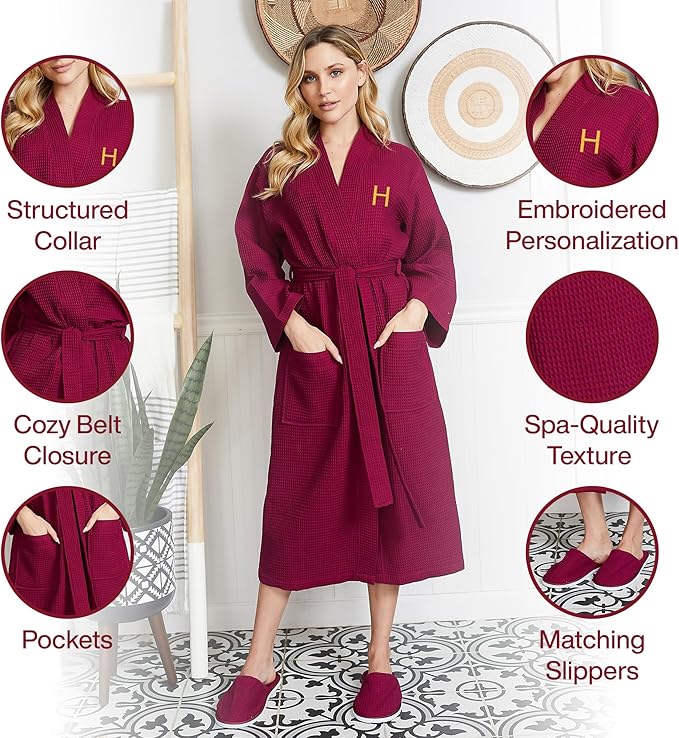 Lotus Linen Waffle Robes for Women - Lightweight Cotton Kimono Bathrobe - Long Soft Spa Bath Robe