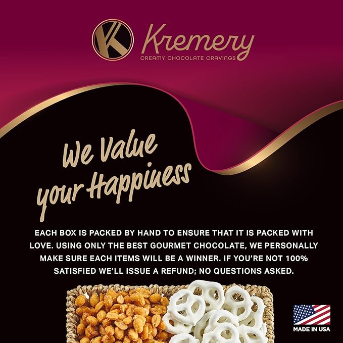 KREMERY Creamy Chocolate Cravings - Diwali Sweets Hamper Chocolate Covered Pretzels & Caramel Popcorn Gift Basket, in Seagrass Tray + Ribbon (Classic, 1.5 lbs) Food Arrangement