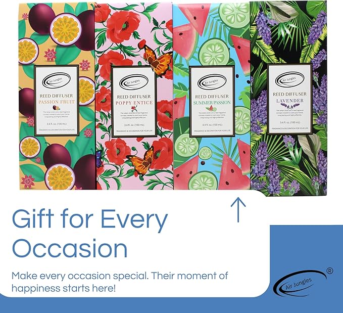 Air Jungles Summer Passion Scent Reed Diffuser Set with Sticks 3.4 fl oz (Pack of 3), Long-Lasting Essential Oil Air Freshener for Bathroom, Office, Gym, and Bedroom Fragrance Freshener