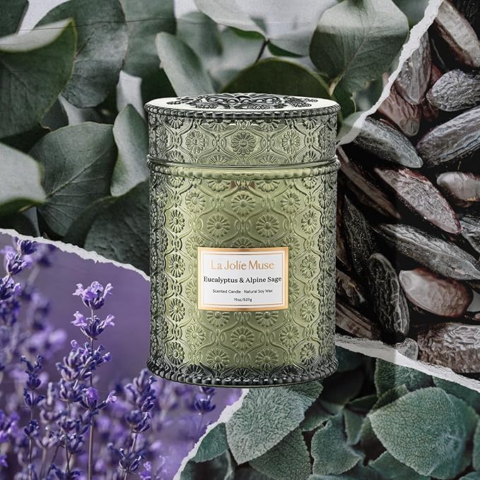 LA JOLIE MUSE Eucalyptus & Alpine Sage Candle – Eucalyptus, Sage & Lavender | 19 oz Wooden Wick | Natural Soy Wax | 90 Hours Burn | Candle for Relaxation
