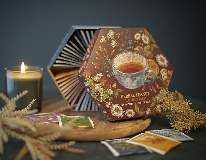 ACORUS Autumn Taste Tea Set, Natural Herbal Tea Variety Pack, Assorted Tea Box, Tea Gift Set of 6 Different Teas, Herbal Tea Sampler of 60 Tea Bags Individually Wrapped, Discover Rich Autumn Teas