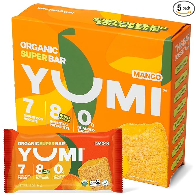 YUMI Organic Breakfast Superbar, Gluten-Free, No Added Sugar, 7+ Vegetables, Soft-Baked Crust, Healthy Snack Bars for Kids, School Safe, Healthy Alternative to Granola Bars or Cereal Bars, Mango (30ct)