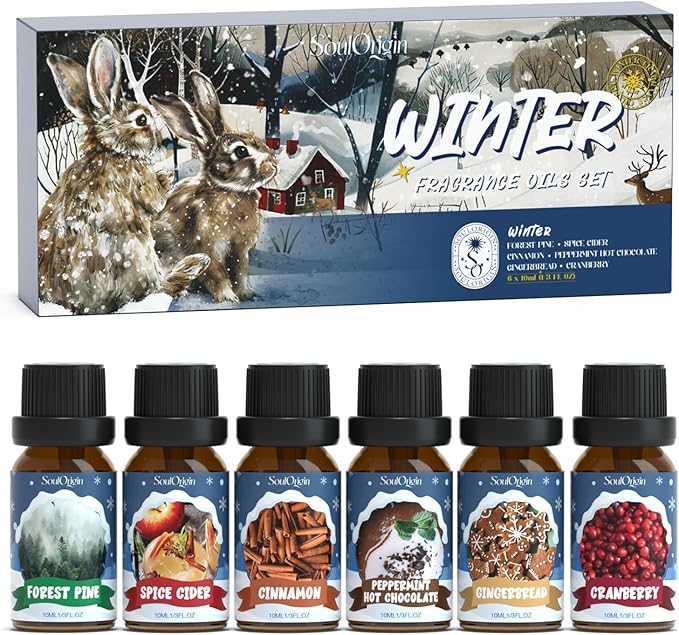Winter Essential Oils Set, Fragrance Oil Gift Set for Oil Diffusers, Scented Oils for Soap 6x10ml - Forest Pine, Spiced Apple Cider, Cinnamon, Mint Hot Chocolate, Gingerbread, and Cranberry