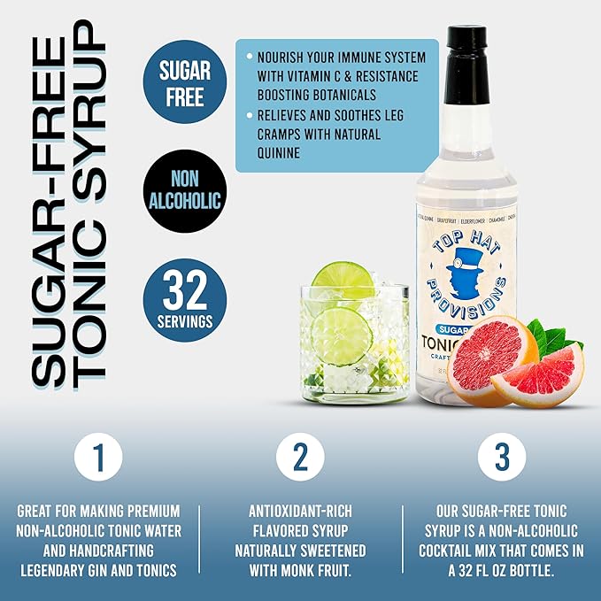Top Hat Keto Sugar Free Tonic Syrup - 5x Diet Tonic Water Quinine Concentrate - Organic Monk Fruit - Craft Soda Mixer for Skinny Cocktail Drinks - Just Add Seltzer Water - 32oz Bottle