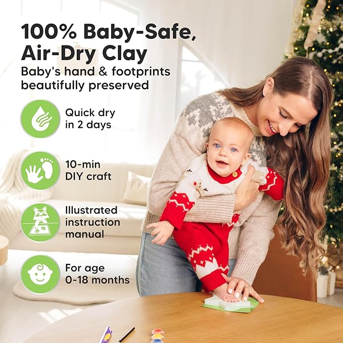 Baby Hand and Footprint Kit - Personalized Newborn Footprint Ornament, Clay Handprint Keepsake, Easy DIY Dog Paw Print Kit, Baby Shower Gifts for Boys, Girls, New Mom Gifts (Christmas)