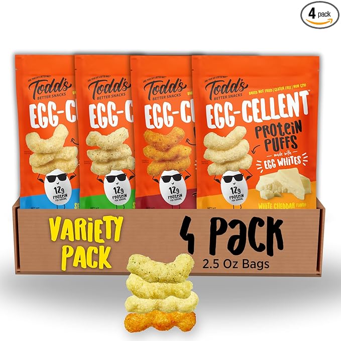 Todd's Better Snacks Egg-Cellent Protein Puffs, Variety Pack – 12g Protein, Gluten-Free, Paleo-Friendly, Baked, GLP-1 Compliant – Healthy Snack, Made with Egg Whites – 2.5 Oz (Pack of 4)