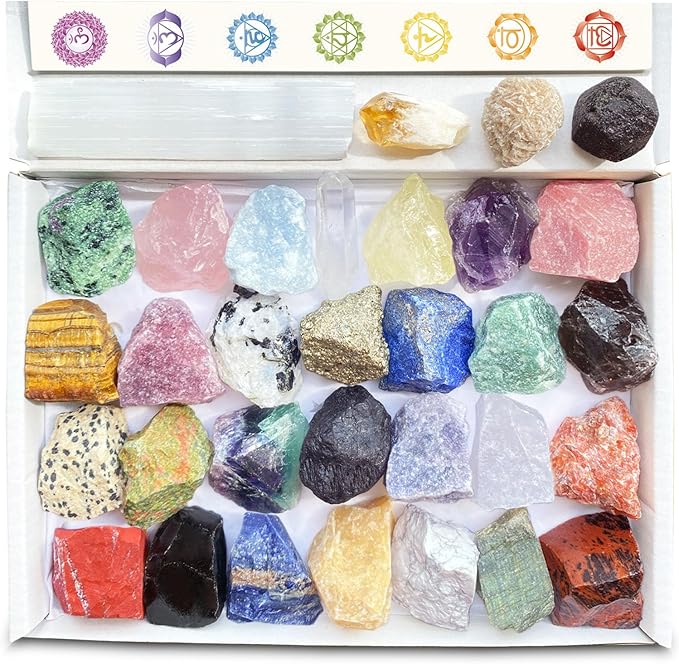 32 Natural Crystals and Healing Stones with Guide, Real Raw Crystals Set for Crystal Healing, Chakra, Meditation, Home Decor, Bulk Rough Stone Collection