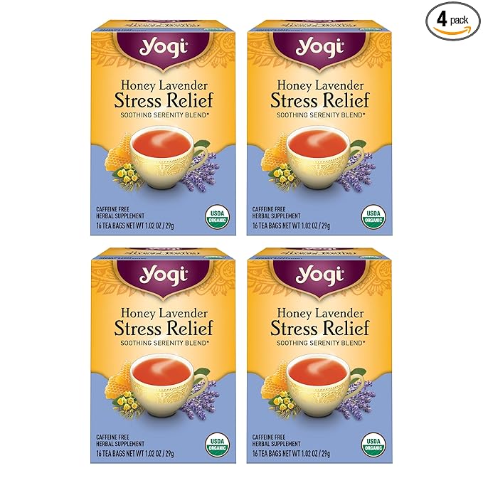 Yogi Tea Honey Lavender Stress Relief - 16 Bags per Pack (4 Packs) - Organic Chamomile Lavender Tea - Includes Lemon Balm, Lemongrass, Spearmint Leaf, Peppermint Leaf, Honey Flavor & More