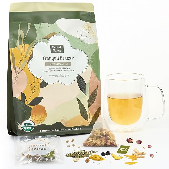Herbal Planet Stress Relief Tea – Daily Relaxation & Emotional Balance Blend | Green Tea, Elderberry, Turmeric, Rose & Monk Fruit | 20 Tea Bags (4.23oz / 120g)