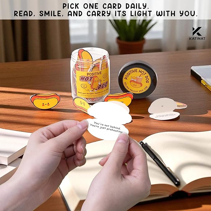 Positive Hot Dog Jar, 60 Funny Affirmation Cards, Emotional Support Hot Dogs for Friends, Teens, Coworkers, Funny Foodie Gifts for Stress Relief and Positivity, White Elephant Gifts for Adults