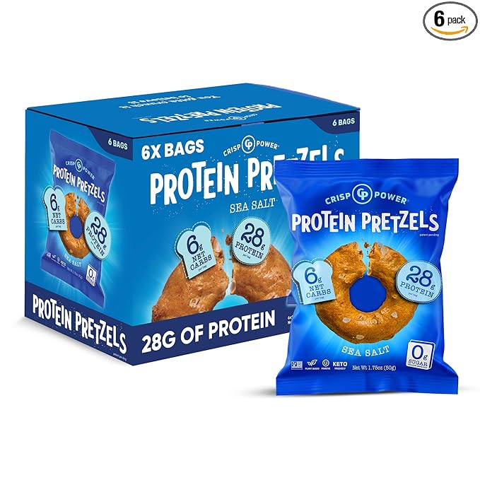 Crisp Power Protein Pretzels, Sea Salt, High Protein Vegan Keto Snack, 28 G Plant Based Protein, Low Carb Crunchy Pretzel Snacks, Sugar Free, No Seed Oils, 1.75 oz Bags, 6 Pack