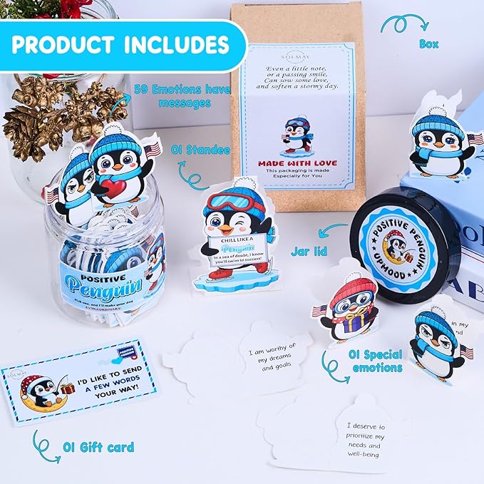 Positive Penguin Jar – 60 Daily Affirmation Cards with Standee | Cute Motivational Gift for Coworkers, Friends, Teachers, Women | Desk Decor, Just Because Gift, Emotional Support Penguin