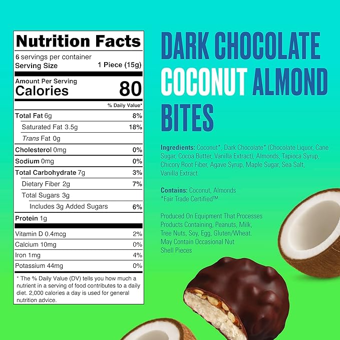 SkinnyDipped Dark Chocolate Coconut Almond Bites, Low Sugar Chocolate Coconut Bar, 3.17oz Resealable Bags, Pack of 4 (24 Bites Total)