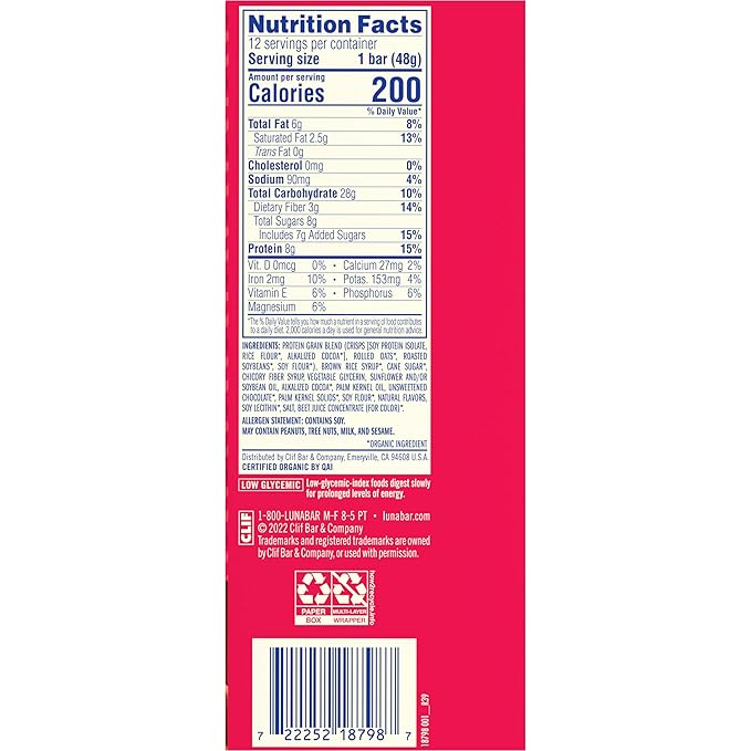 LUNA Bar - Chocolate Peppermint Stick Flavor - Snack Bars - Non-GMO - Gluten-Free Protein Bars - Made with Organic Oats (12 Pack)