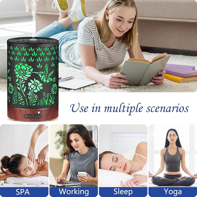 Essential Oil Diffuser- Aromatherapy Diffuser with7 Colors Light, and Auto-Off - Metal Cool Mist Humidifier for Home and Office(Hummingbird)…