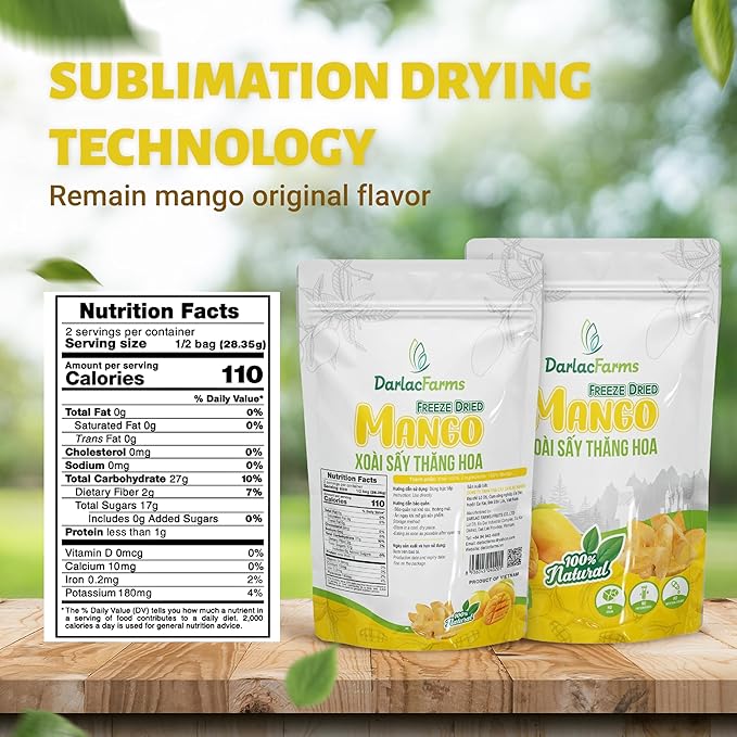 DARLAC FARMS Freeze Dried Mango Slices, Pack 6, No Sugar Added, Healthy Fruit Snacks for Kids, Adults & All Ages, Premium Organic Crispy Crunchy Snacks, Tea, Baking, Smoothie, Yogurt, 2 Oz Each