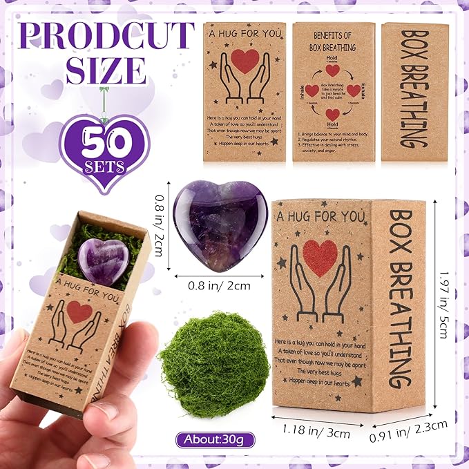 Landical 50 Sets Pocket Hug Token Gifts Small Crystal Heart Stones Bulk with Boxes Mini Heart Shape Natural Stones for Colleagues Family Distance Social Celebration of Life Gifts(Purple)