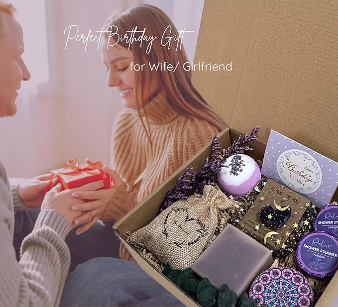 Lavender Gift Box for Women โ Birthday Gift for Her, Spa Gift Set, Relaxing Self Care Package for Mom, Wife, Sister, Best Friend โ Stress Relief Gifts for Women