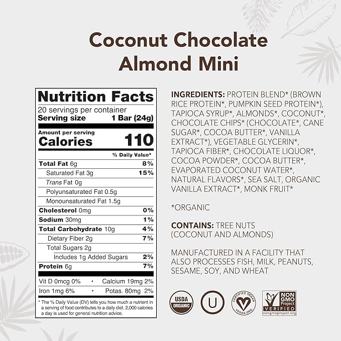 ALOHA Organic Plant Based Protein Bar MINIS |Coconut Chocolate Almond | 20 Count, 24g Bars | Vegan, Low Sugar, Gluten Free, Paleo, Low Carb, Non-GMO, Stevia Free, Soy Free, No Sugar Alcohols
