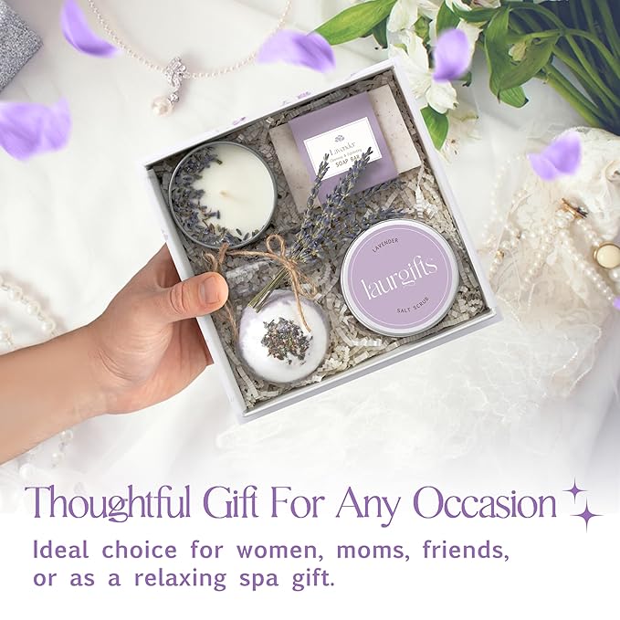 Small Lavender Spa Gift Box for Women – Relaxing Self Care Set with Candle, Bath Bomb, Soap & Scrub – Birthday, Thank You, Christmas, Housewarming, Bridal Shower, Get Well Soon Gifts for Her