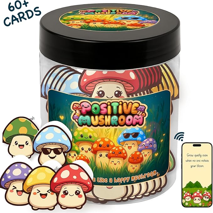 Positive Mushroom Jar With 60 Daily Affirmation Cards, Emotional Support Mushroom Gift, Mushroom Decor For Home, Positive Affirmations For Women, Cute Friend Gifts, Mushroom Office Decor