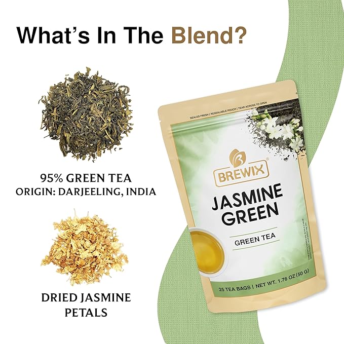 BREWIX, Jasmine Green Tea (25 Pyramid Tea Bags) | High Grown Green Tea from Himalayas with Jasmine | Caffeinated Tea Loose Leaf | High Elevation Grown