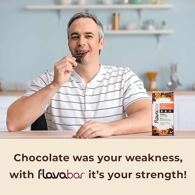 FlavaBar Performance Dark Chocolate | 500mg Cocoa Flavanols | Roasted Almond + Himalayan Pink Salt | 6 Pack, 3.3 oz bars
