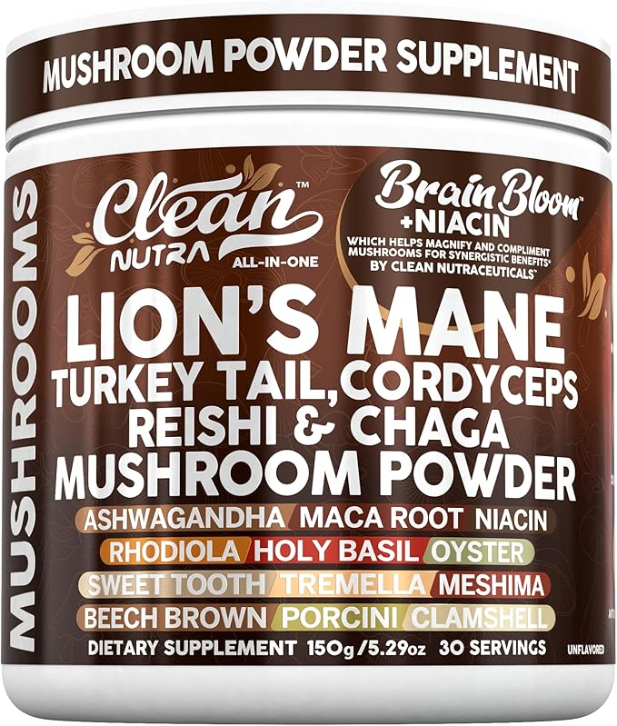 Clean Nutra Lion's Mane Turkey Tail Cordyceps Reishi Chaga Mushroom Powder + Ashwagandha Niacin Calm Stress Memory Adrenal Support Supplements Maca Rhodiola Holy Basil Apaptogen Supplement Unflavored