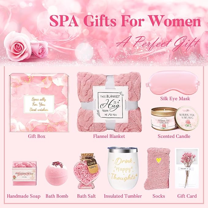 Birthday Gifts for Women Self Care Gifts Get Well Soon Gifts, Rose Relaxation Spa Gift Basket Sets with Luxury Flannel Blanket, Unique Mothers Day Mom Gifts Basket for Mom Wife Grandma Sister Friend