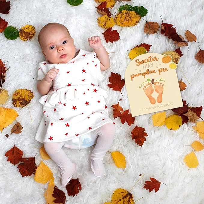 Sereliy Baby's First Thanksgiving DIY Footprint Art Card, Wooden Thanksgiving Baby Sign Keepsake Ornaments for Baby Shower Newborn Photoshoot Prop(Pumpkin)