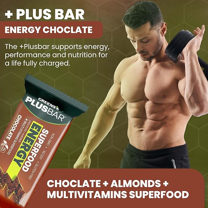 Greens+ Plusbar Energy Chocolate | Gluten Free Energy Bar | Organic Greens | Organic Dark Chocolate | Non GMO | 12 Bars