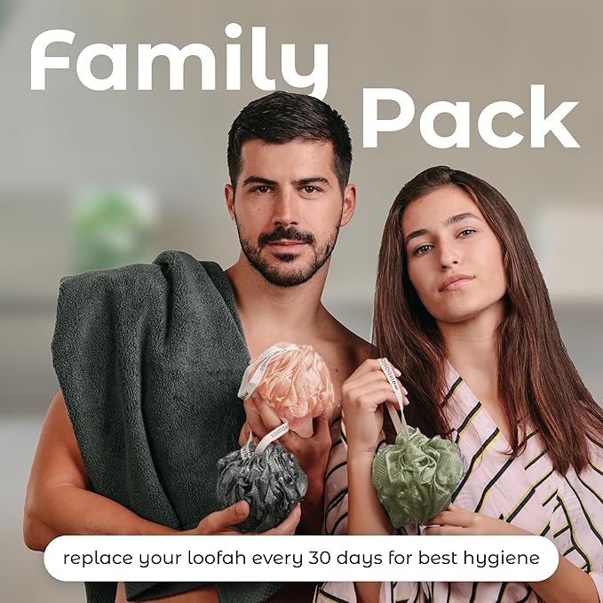 MainBasics Bath Shower Loofah Sponge Pouf Body Scrubber Exfoliator Body Wash Sponge (Set of 3, Earthy Love)