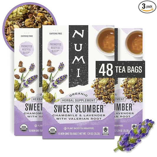 Numi Organic Tea Sweet Slumber, Valerian Root, Chamomile & Lavender Sleep Tea, 16 Tea Bags (Pack of 3), Packaging May Vary