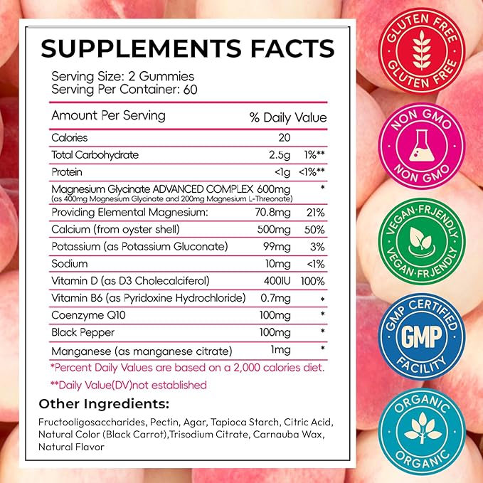 Magnesium Glycinate Gummies Sugar Free, High Absorption Magnesium Citrate with L-Threonate, Calcium, B6, D3, Chews Gummies, Relaxation, Stress Relief, Night Rest