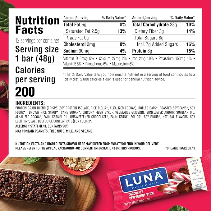 LUNA Bar - Chocolate Peppermint Stick Flavor - Snack Bars - Non-GMO - Gluten-Free Protein Bars - Made with Organic Oats (12 Pack)