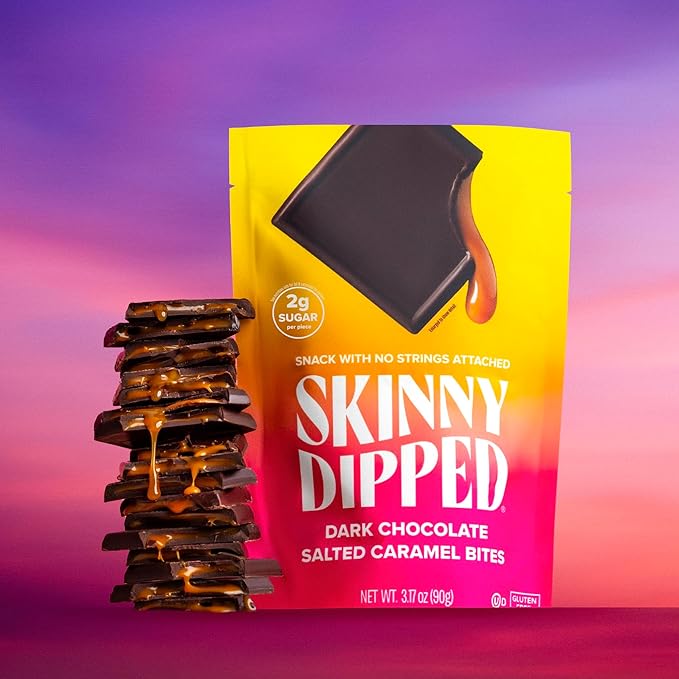 SkinnyDipped Dark Chocolate Salted Caramel Bites, 2g Sugar per Piece, Keto Friendly, Low Calorie Gluten Free, 4 Pack