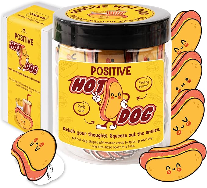 Positive Hot Dog Jar, 60 Funny Affirmation Cards, Emotional Support Hot Dogs for Friends, Teens, Coworkers, Funny Foodie Gifts for Stress Relief and Positivity, White Elephant Gifts for Adults