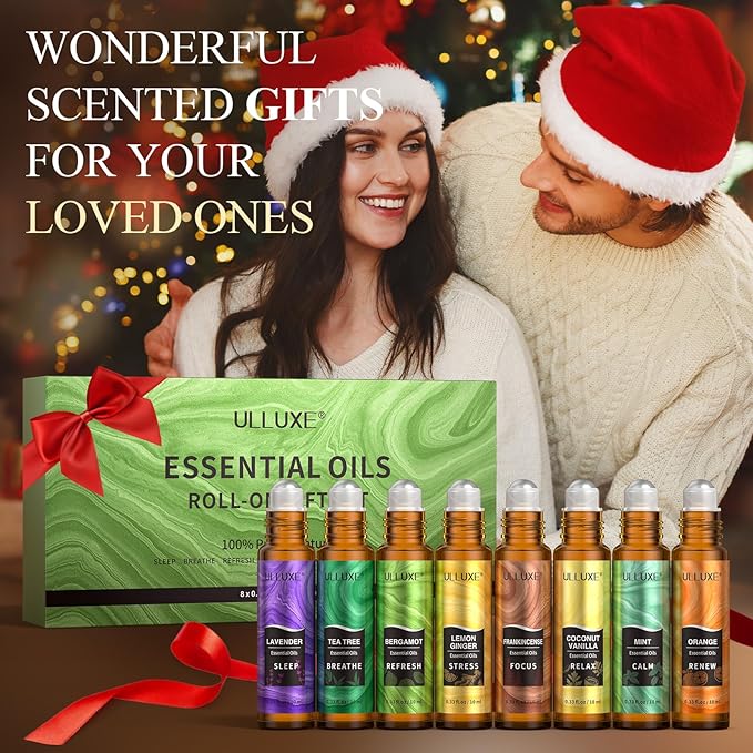 Essential Oils Roll On Set (Pack of 8) 8 Scent, Essential Oil Roller Set, Natural Aromatherapy Oil Blends for Skin, Self Care Gift Stocking Stuffers for Women and Men