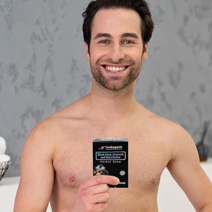 HERBOGANIC Black seed Charcoal and Shea butter Herbal Soap | Pack of 6 of 5oz soap Bar | Ideal for Men and Women, Soothing and Nourishing Soap for Moisturization