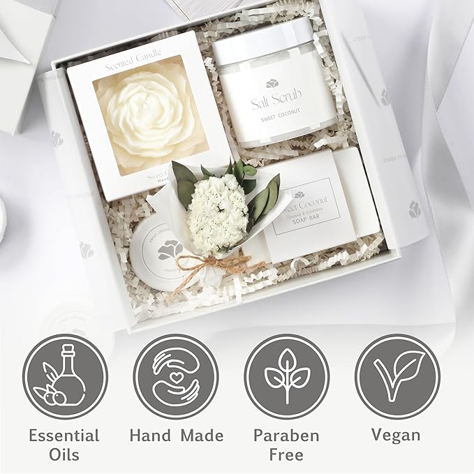 Sweet Coconut Small Spa Gift Set for Women – Relaxation Gift Basket with Candle, Soap, Salt Scrub & Shower Steamers – Unique Birthday, Bridal Shower, Thank You & Self Care Gifts