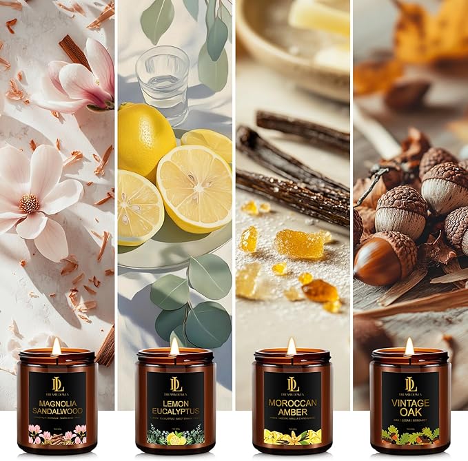 Scented Candle Set, Men Candle Set, Candles for Home Scented Gifts, 4Pack 28oz Soy Candles, Scents of Lemon Eucalyptus/Moroccan Amber/Magnolia & Sandalwood/Vintage Oak