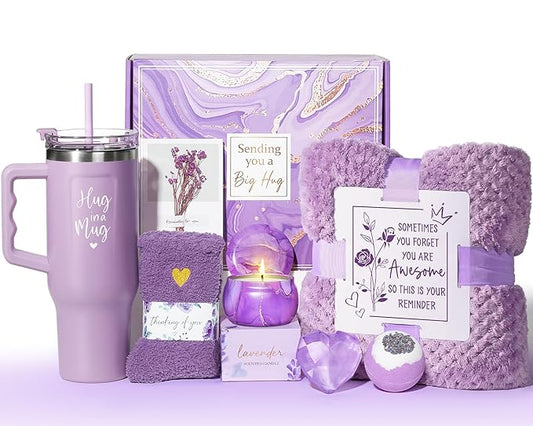 Birthday Gifts for Women Self Care Gifts Get Well Soon Gifts, Lavender Relaxing Spa Gifts Basket Care Package w/ Flannel Blanket 40 OZ Tumbler, Christmas Gifts for Mom Wife Grandma Friends Sisters Her