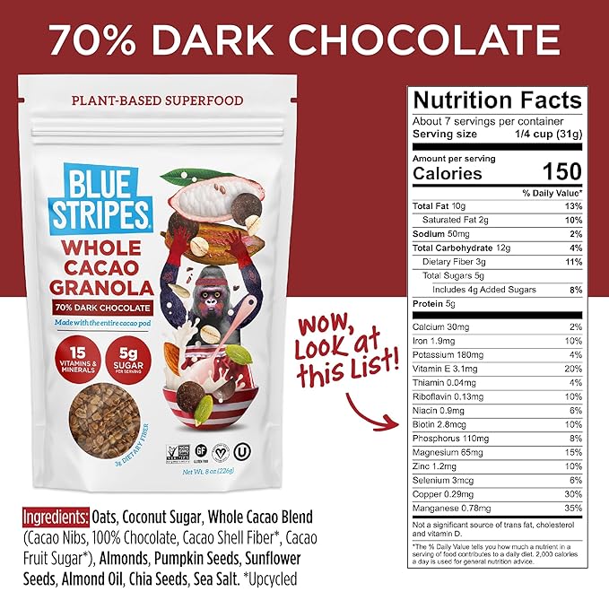Blue Stripes Whole Cacao Granola - Gluten Free 70% Dark Chocolate Granola for Cereal, Oatmeal, Yogurt, 5g Protein Per Serving, Source of Fiber, Vegan, Low Sugar - Dark Chocolate, 8 oz Bag (3 Pack)