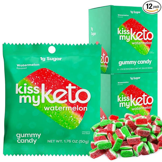 Kiss My Keto Sugar Free Gummies, Gummy Watermelon 12-Pack – Satisfy Cravings while Staying in Ketosis – High Fiber, 3g Net Carbs, Non-GMO, Vegan, & No Gluten – Calorie-Friendly Vegan Candy