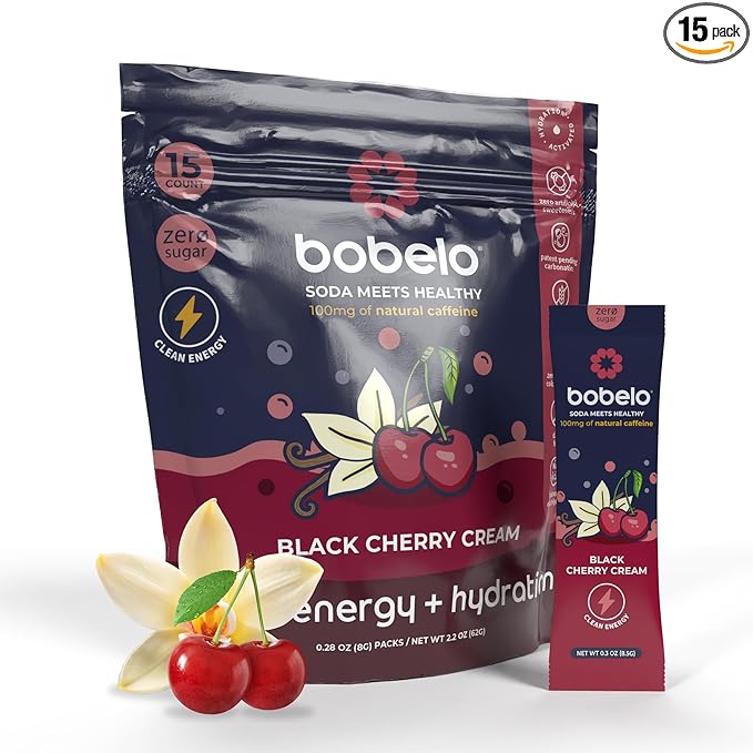 Bobelo Black Cherry Cream Energy Drink Powder, Sugar Free, Electrolytes with Guarana Caffeine, 15 Count