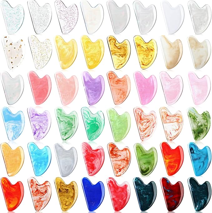 Sherr 48 Pcs Gua Sha Facial Tool Resin Gua Sha Massage Tool Heart Shaped Facial Stone Board for Face Body Skin Massage Spa Acupuncture Prevent Wrinkles (Vivid Colors)